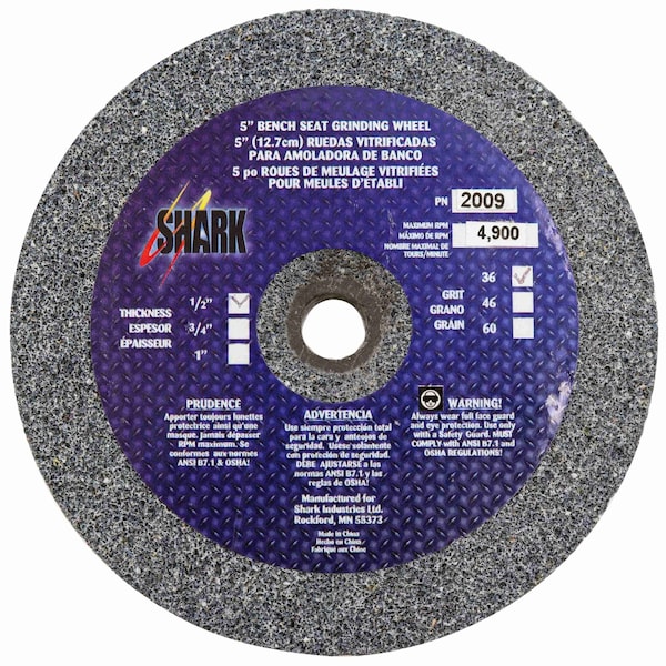Shark Industries 5-in. x 1/2-in. x 1/2-in. Bench Seat Grinding Wheel 36 Grit, Aluminum Oxide 2009 - main